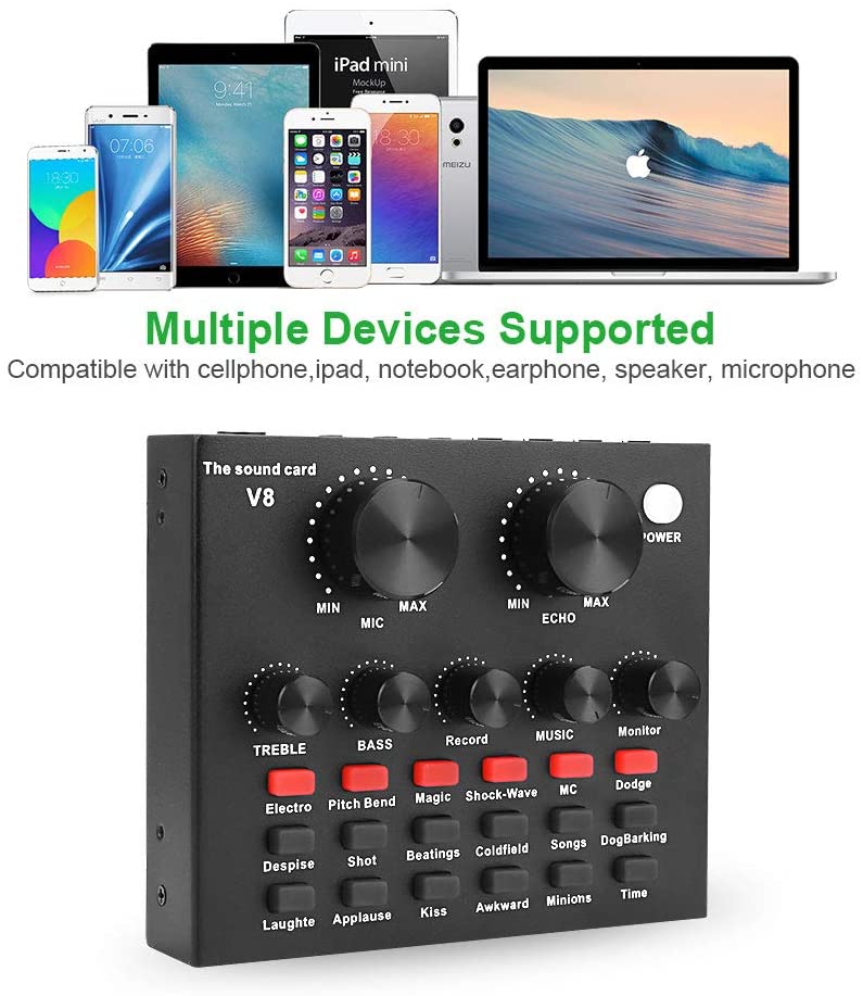 VAlinks V8 Live Sound Card Voice Changer Audio Mixer for Music Recording Karaoke Singing Broadcast on Cell Phone Computer Laptop Tablet Live Sound Card for Live Streaming with Multiple Sound Effects 